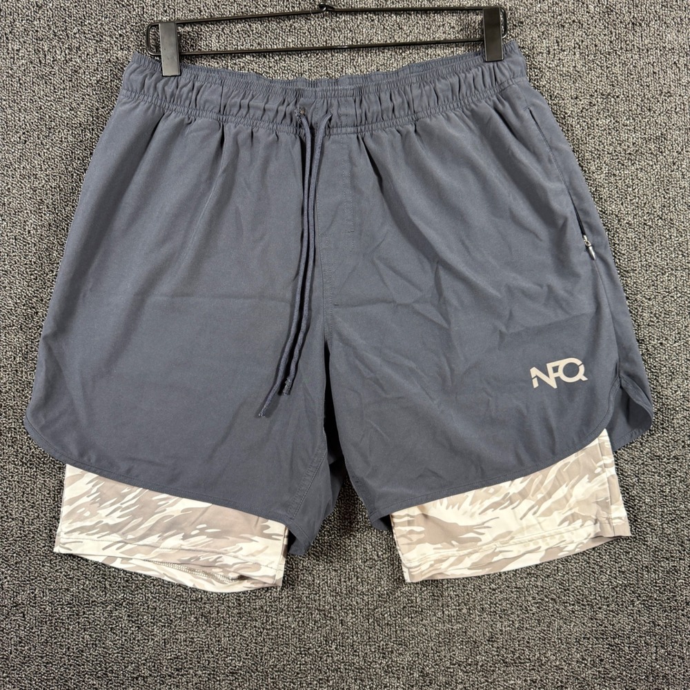 NFQ Men's L 2-in-1 Training Shorts Navy Camo Liner 6" Inseam Zipper Pocket Gym